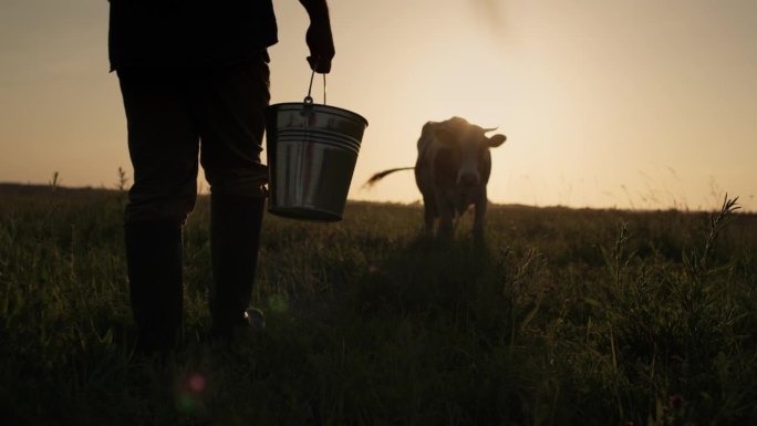 夕阳下，一个奶农提着桶站在奶牛的背景下