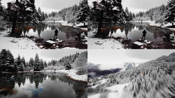 风景如画的湖泊和河流被雪山和茂密的松树林环绕，无人机拍摄了这些照片