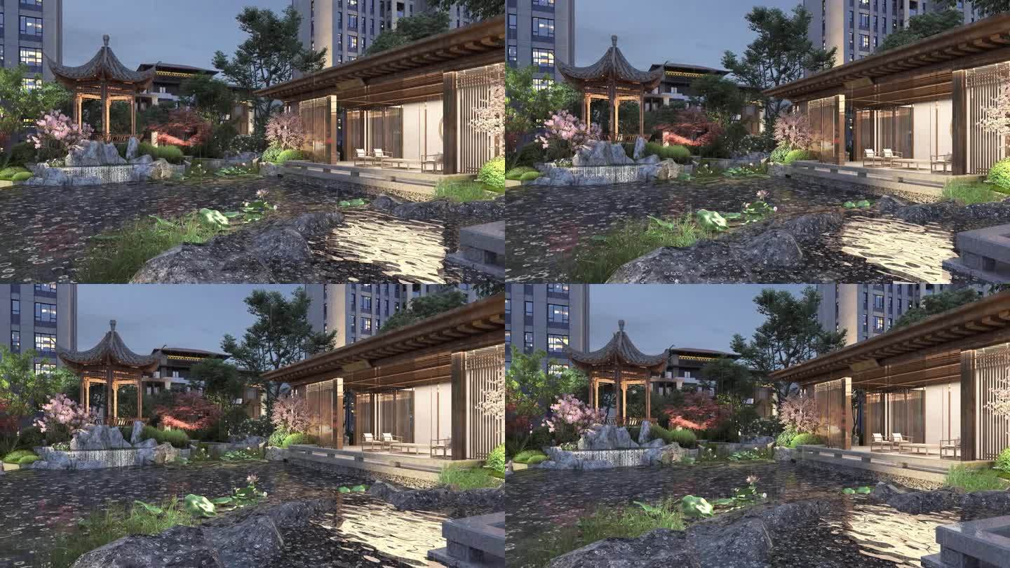 新中式别墅庭院夜景三维动画