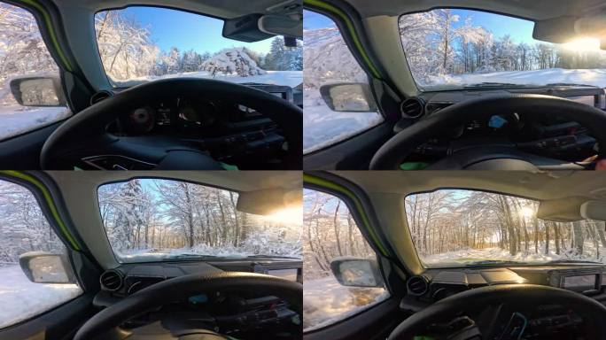 POV:在美丽的阳光明媚的冬天驾驶越野车穿过白雪皑皑的森林