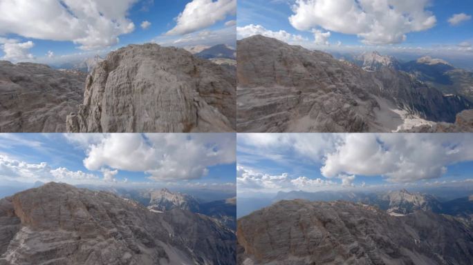 自由式无人机飞行在高岩石峰的白云石山脉。意大利。空中废票