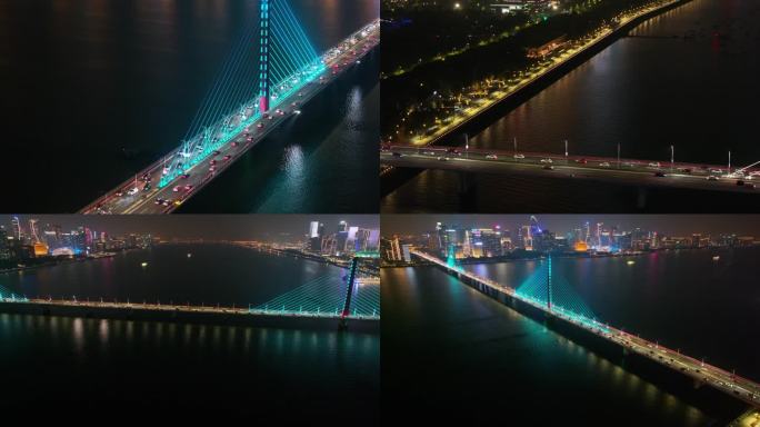 杭州钱塘江西兴大桥夜晚夜景航拍车流交通城