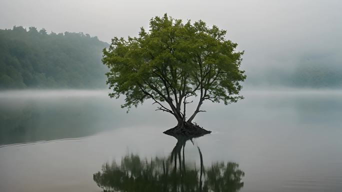 湖面上有薄雾飘过自然风光视频