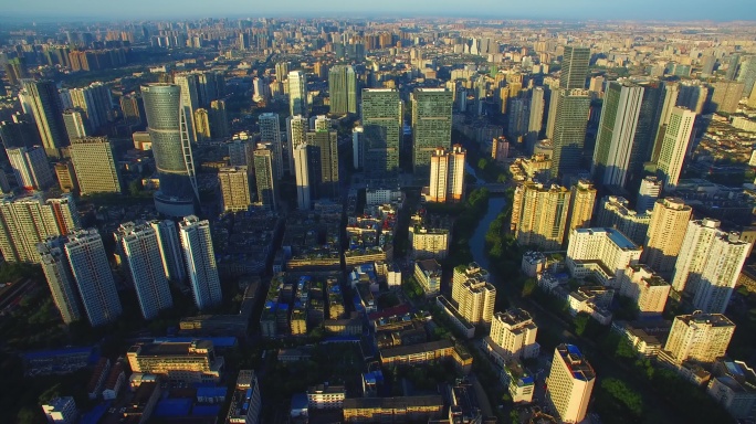 航拍成都夏季早晨阳光下美丽城市风景