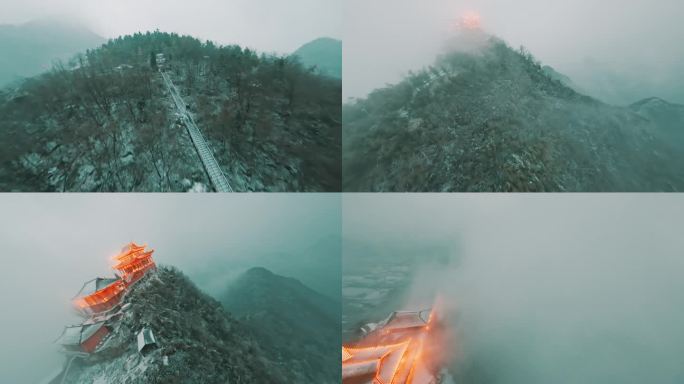 穿越机航拍寺庙道观金顶雪景穿云4k素材