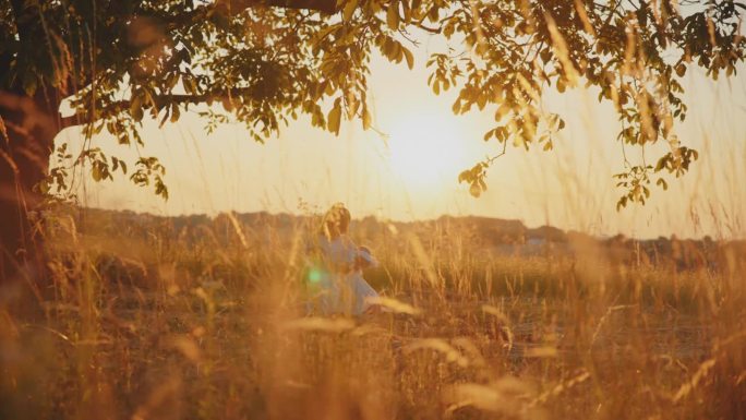 在明亮的夕阳天空下，跪在田野上的母亲抱着孩子在大树枝下的慢镜头