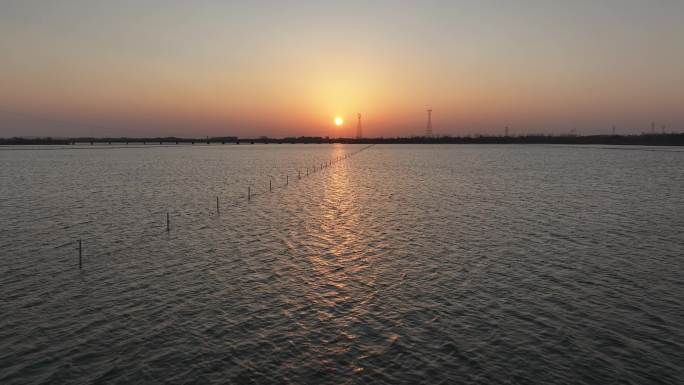 广袤湖面水面上飞向太阳朝阳夕阳充满希望