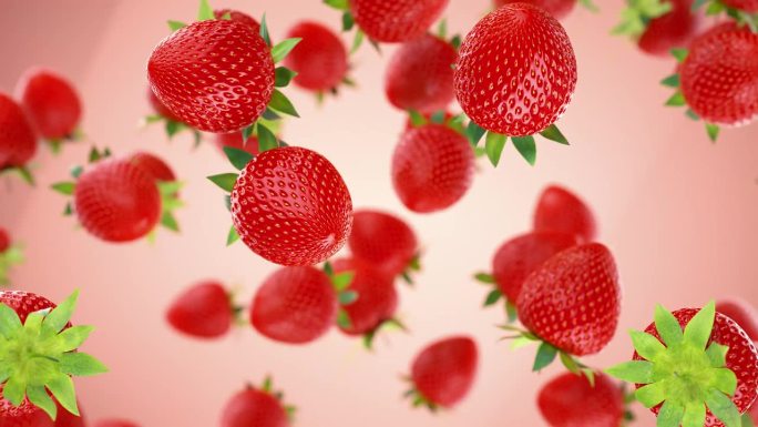 新鲜的草莓漂浮在红色的背景下