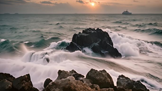大海 海浪翻滚 海边岩石
