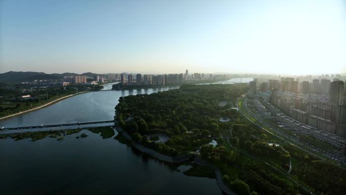 【4K】清晨 城市 河流公园城市航拍