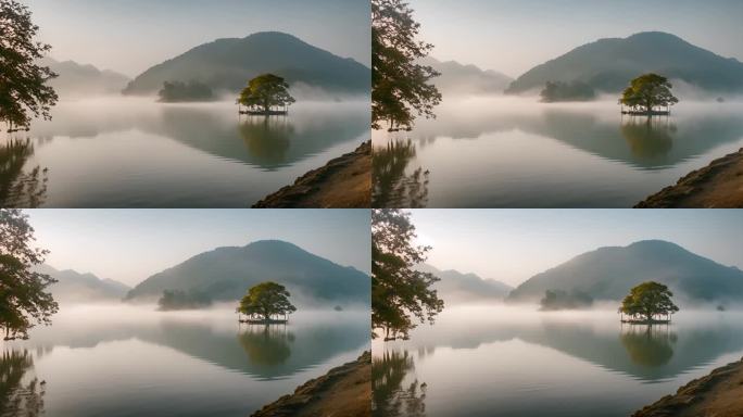 湖面上有薄雾飘过视频