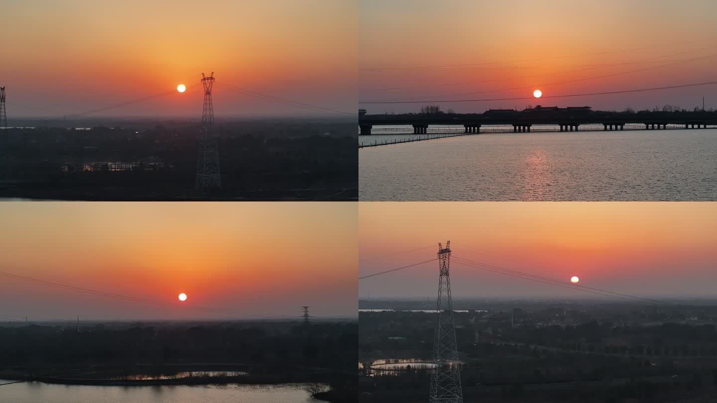 朝阳夕阳与高压线高压塔同框城郊风景航拍
