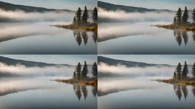 湖面上有薄雾飘过自然风光视频