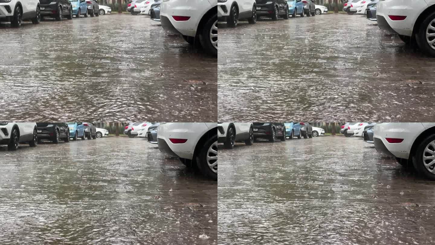 靠近停车场的雨滴