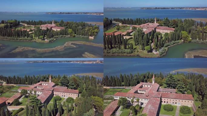 鸟瞰圣弗朗西斯科岛和方济各会修道院在威尼斯泻湖，意大利