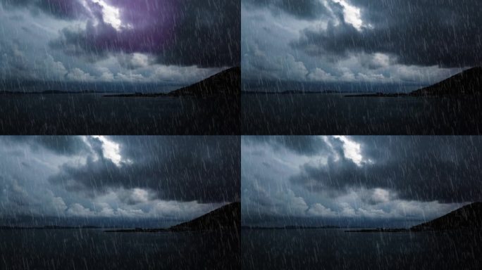 热带的动画雨在岛上，闪电在雨的天空，美丽的雨天在海边。山上有雷雨。气候正在变化。