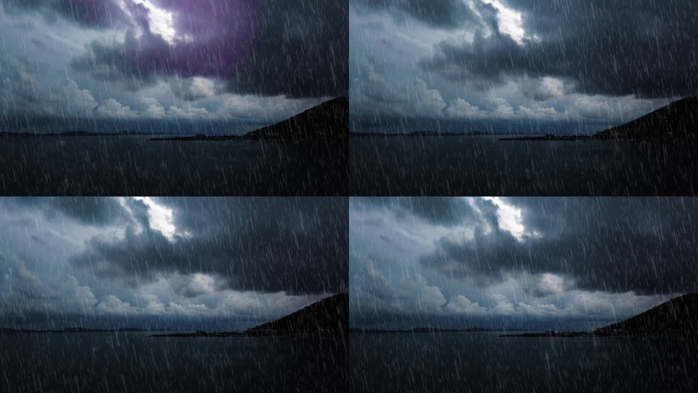 热带的动画雨在岛上，闪电在雨的天空，美丽的雨天在海边。山上有雷雨。气候正在变化。