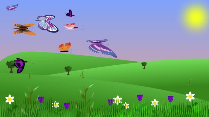 夏季环境动画与蝴蝶和田野，平面图形卡通背景