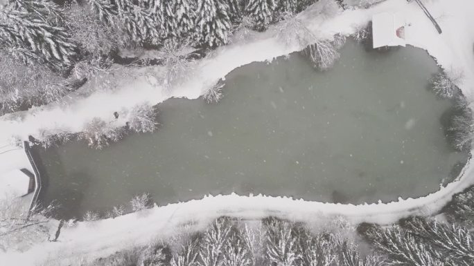 从上往下看暴风雪中结冰的湖泊