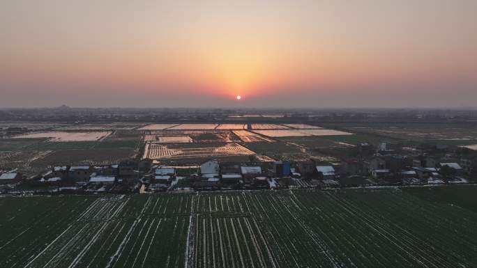 平原农村田野雪景落日夕阳日出朝阳风景航拍