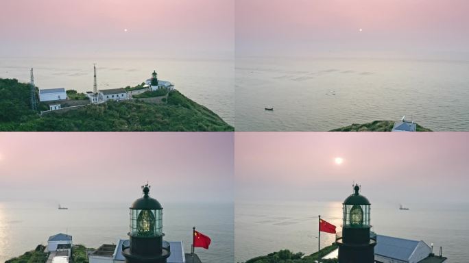 花鸟岛落日夕阳灯塔航拍