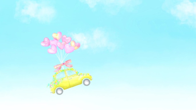 一辆汽车在天空中飞行的水彩动画，创造了一条鲜花之路。