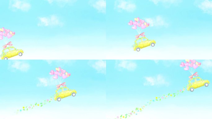 一辆汽车在天空中飞行的水彩动画，创造了一条鲜花之路。