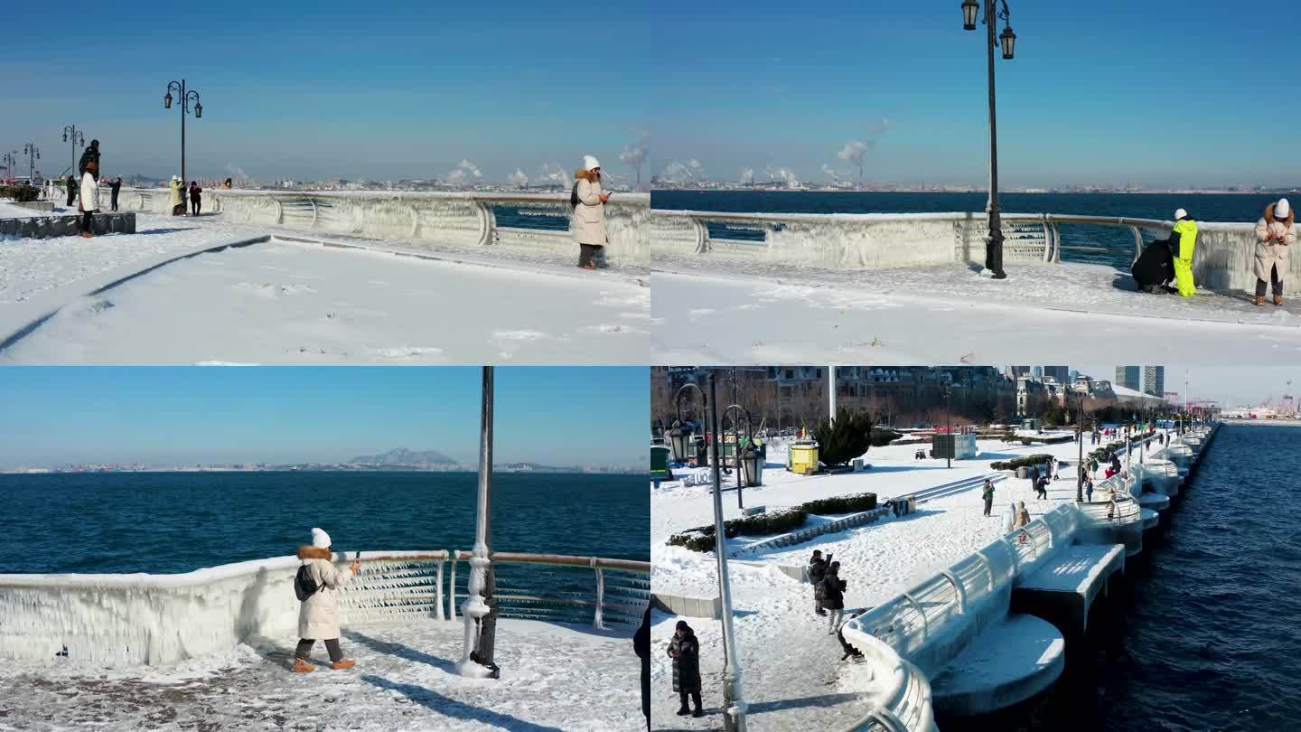 航拍大连东港雪景冰雪结冰