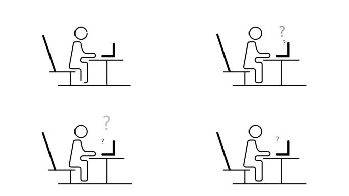 简笔画坐在一张桌子上，带着一台笔记本电脑，白色背景上有一个问号图标。