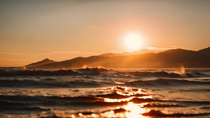 海上日出 金色大海 海浪翻滚