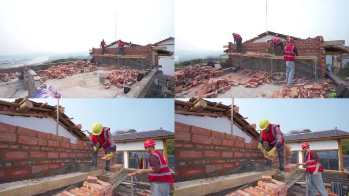 农村建筑工地工人修建房屋