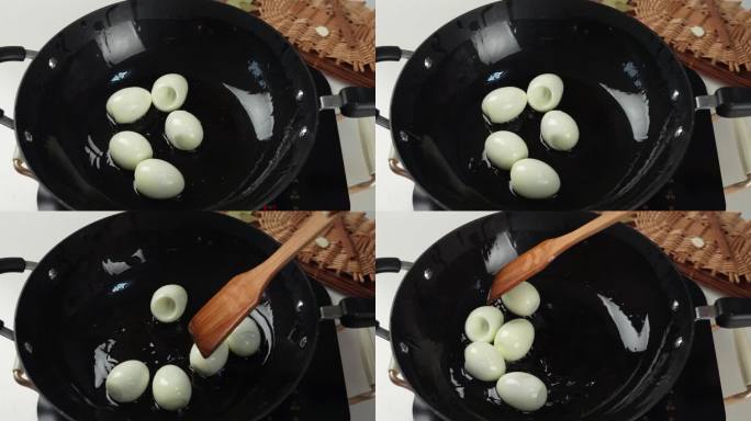 将煮熟的鸡蛋放入锅中煎出虎皮