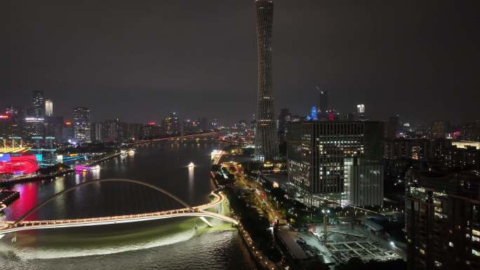 广州夜景航拍海心沙广州大桥天河体育中心珠