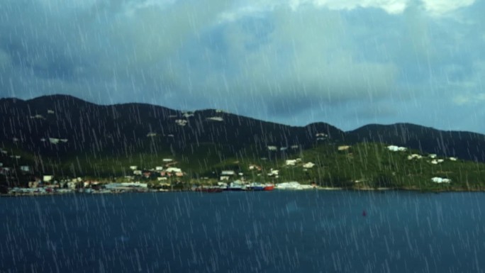 热带的动画雨在岛上，闪电在雨的天空，美丽的雨天在海边。山上有雷雨。气候正在变化