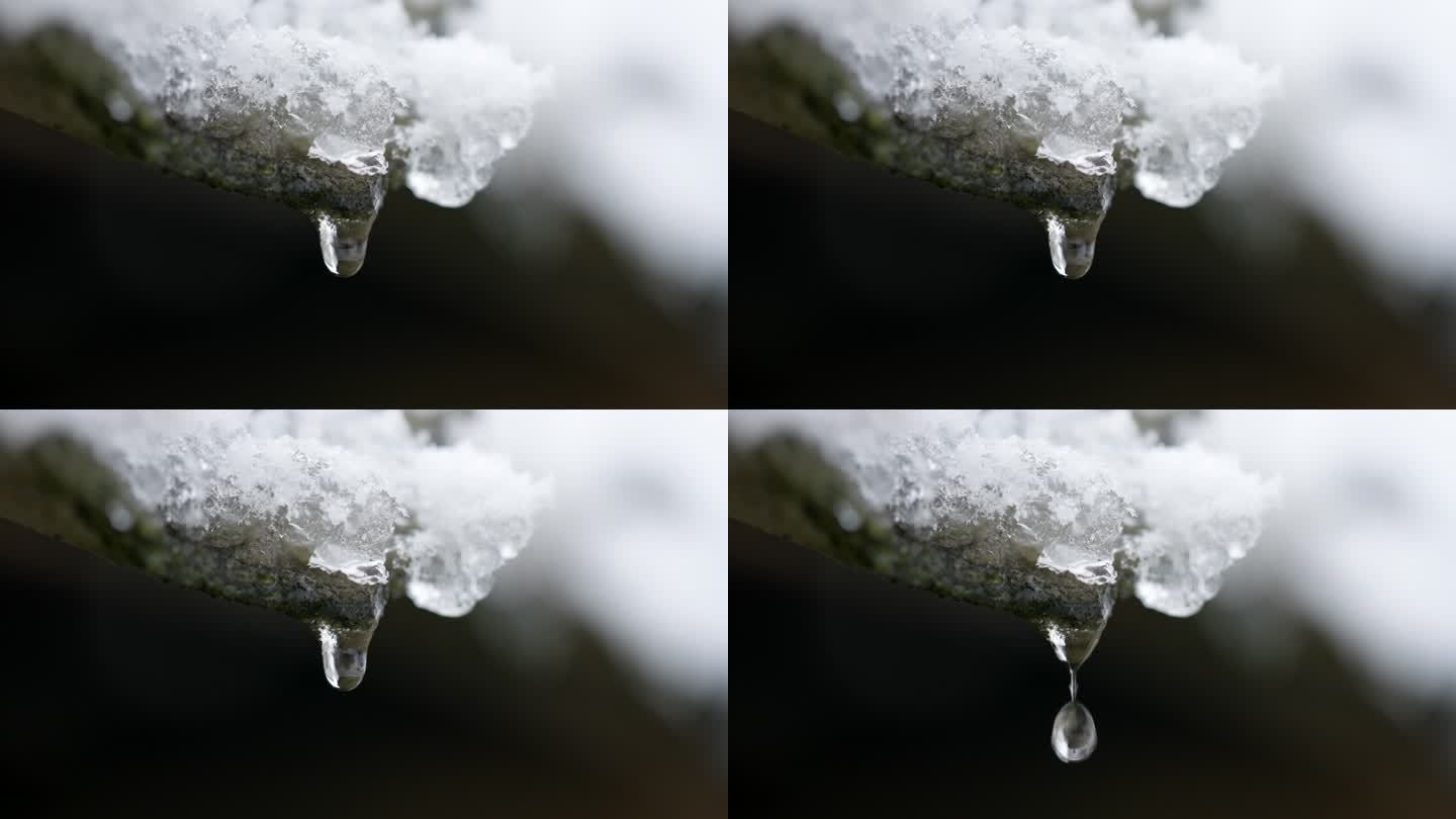 屋檐上的冰雪融化水滴落下特写