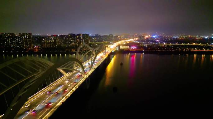 杭州钱塘江九堡大桥夜晚夜景航拍