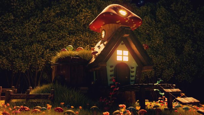 蘑菇屋在一个神奇的森林夜晚-幻想循环自然景观背景