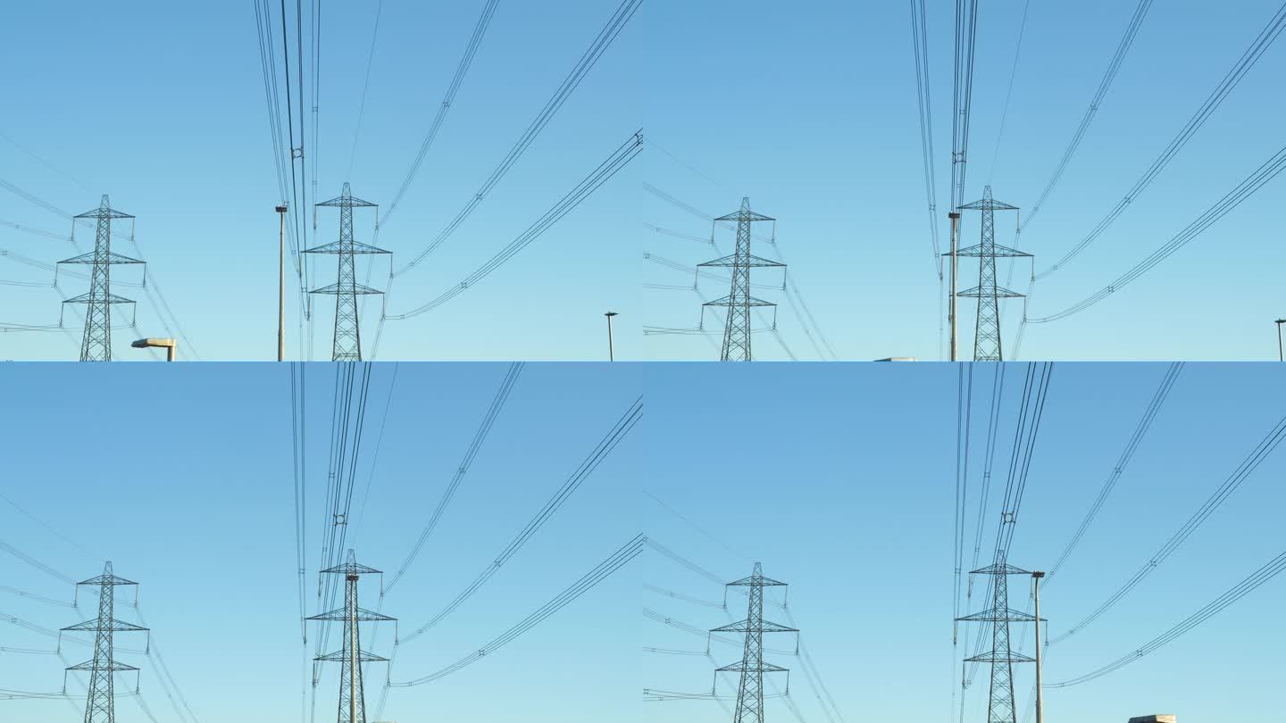 电厂附近的架空输电线路，湛蓝的天空