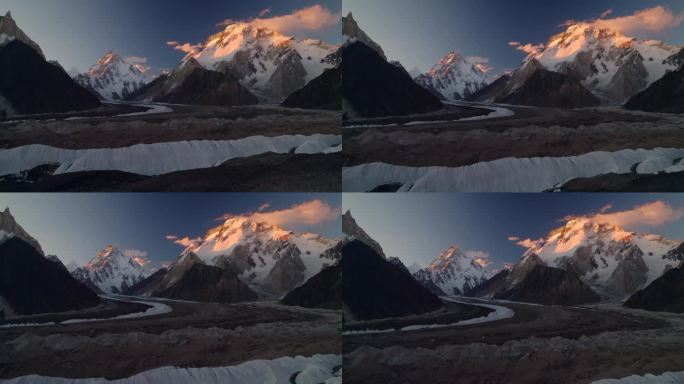 从巴基斯坦喀喇昆仑山脉的康科迪亚营地鸟瞰乔戈里峰和布罗德皮克山的日落