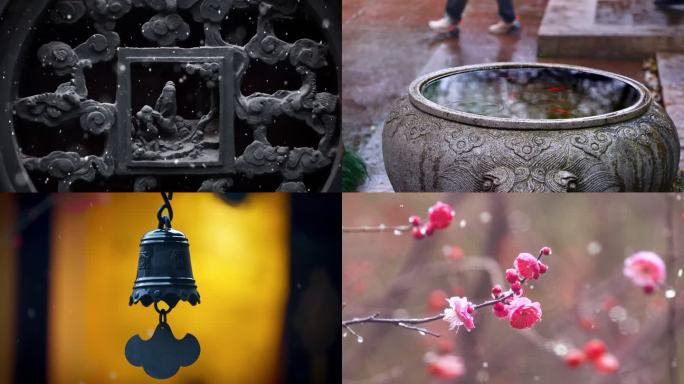 寺庙古风国潮梅花下雪古建筑铁佛寺梅花飘落