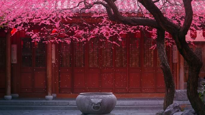 寺庙古风国潮梅花雨古建筑铁佛寺梅花飘落