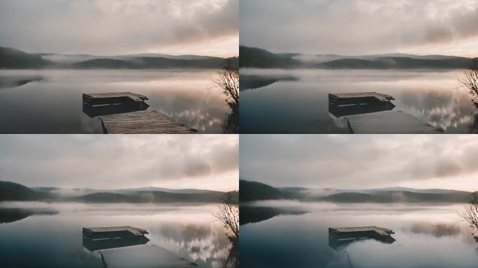 湖面上有薄雾飘过自然风光视频