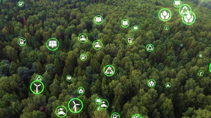 可持续发展的理念，再生能源，生态图标慢慢飞越绿色森林。保护环境，保护自然，对抗二氧化碳排放，替代能源