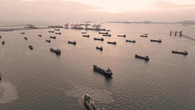 许多石油、原油、天然气船、货物集装箱船近海系泊在海湾石油化工进出口运输和物流，石油泄漏船，工业石油产