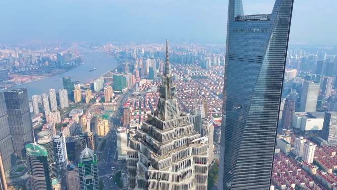 上海浦东新区航拍陆家嘴金茂大厦三件套高楼