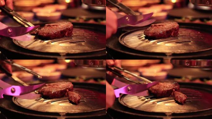在韩国餐厅做牛肉，切肉煎炸