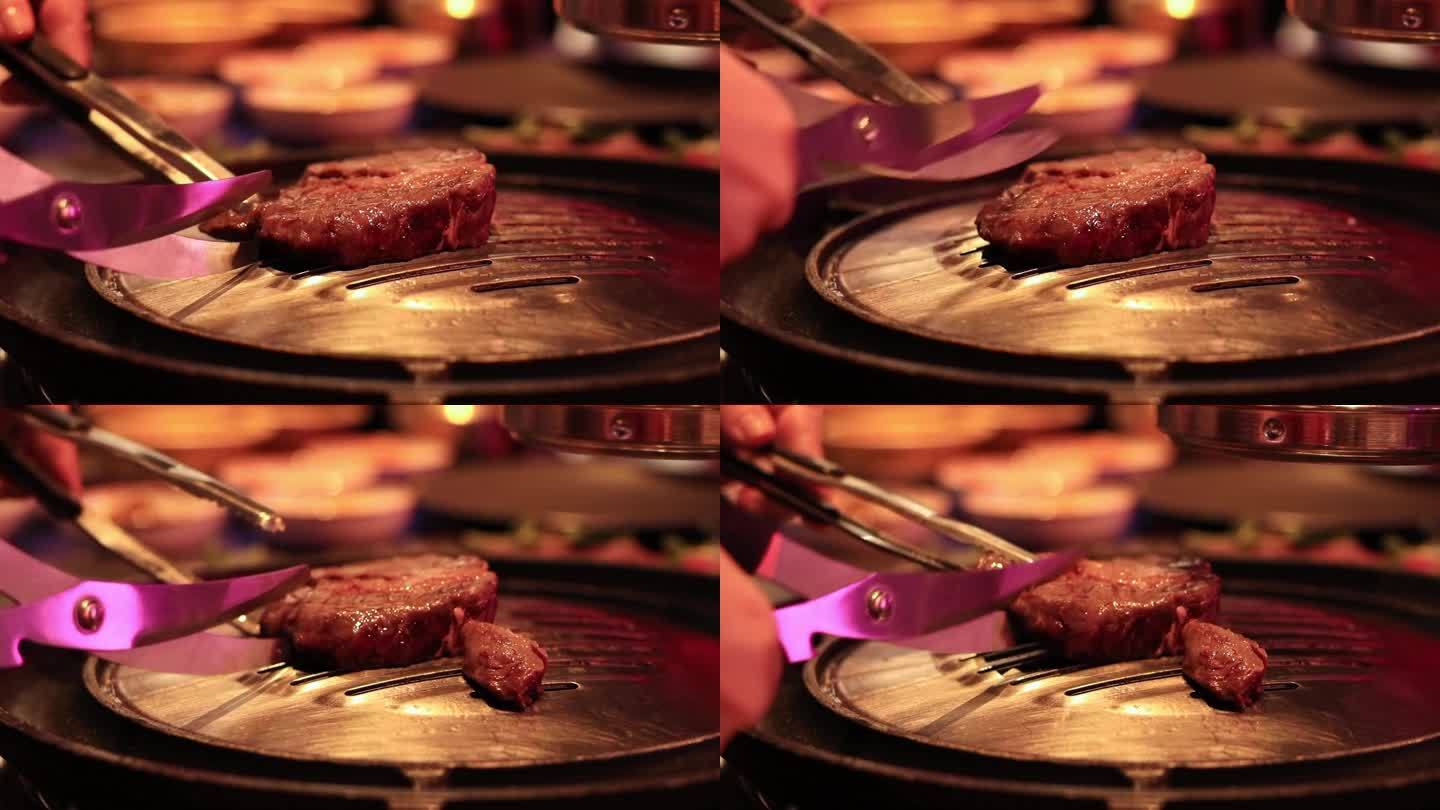 在韩国餐厅做牛肉，切肉煎炸