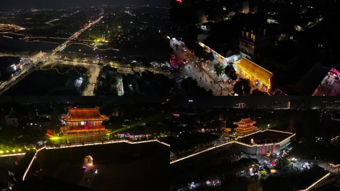 荆州古城东门景区夜景航拍