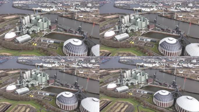 化石燃料，燃煤电厂在汉堡港，德国。无人机鸟瞰图。