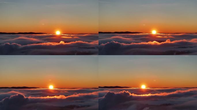 史诗级云景的航拍镜头，在日落时，在炽热的太阳前慢慢漂浮